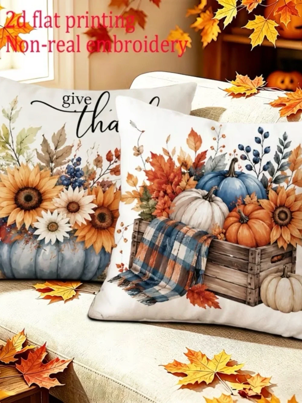 🆕 4 pc Autumn Blessings Fall Pumpkin Pillow Cover Set - Blue & Orange